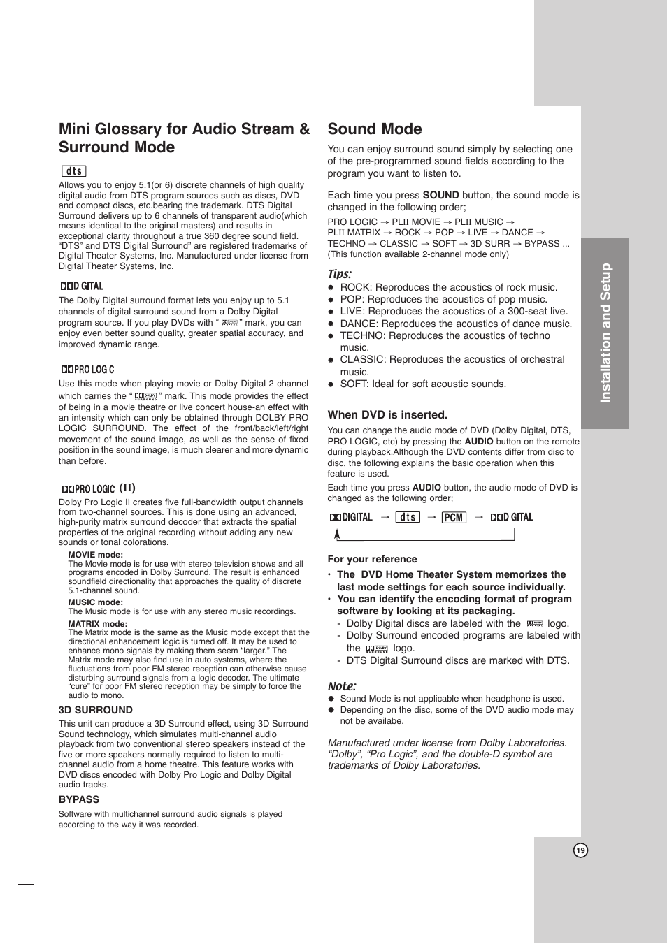 Mini glossary for audio stream & surround mode, Sound mode, Installation and setup | Toshiba SD-C67HTSU User Manual | Page 19 / 46