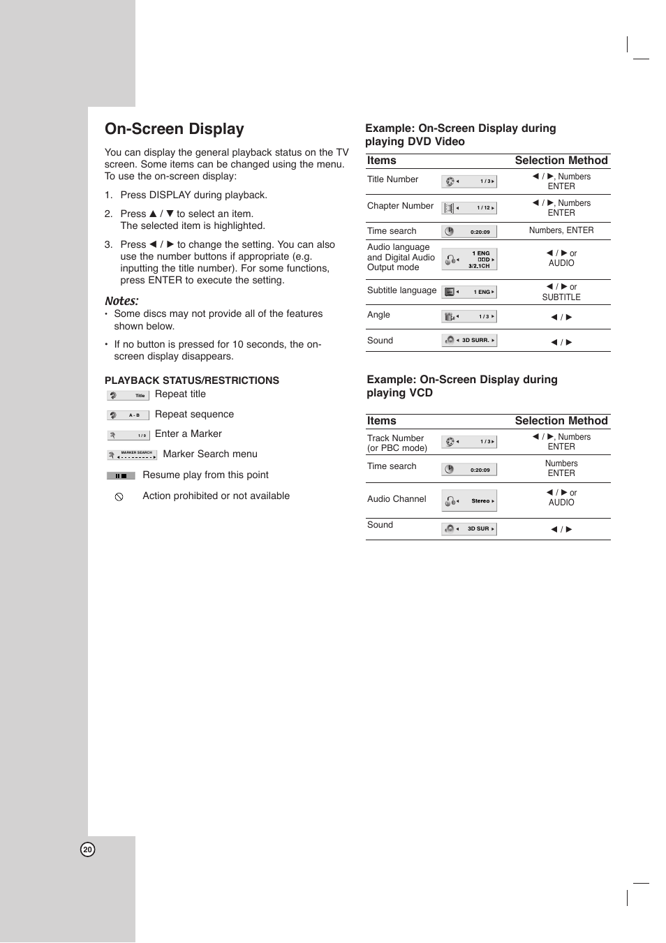 On-screen display, Selection method | Toshiba SD-C67HTSU User Manual | Page 20 / 46