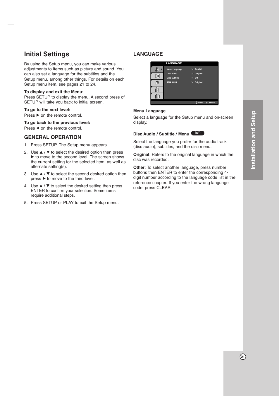 Initial settings, Installation and setup, General operation | Language | Toshiba SD-C67HTSU User Manual | Page 21 / 46