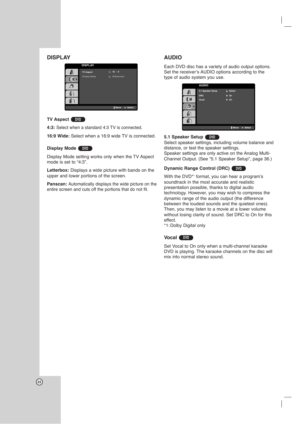 Display, Audio, Vocal | Toshiba SD-C67HTSU User Manual | Page 22 / 46