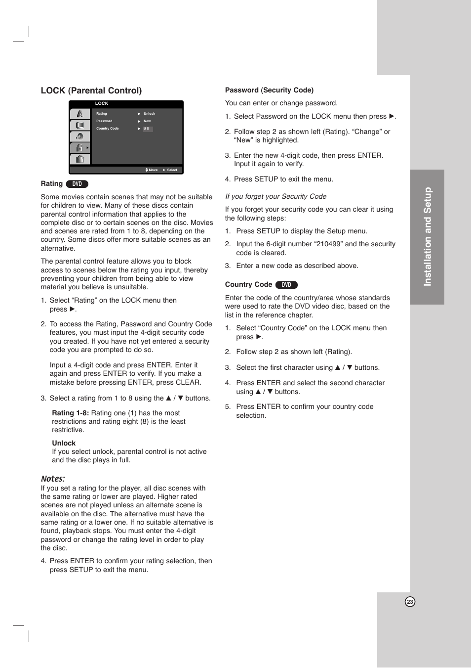 Installation and setup, Lock (parental control) | Toshiba SD-C67HTSU User Manual | Page 23 / 46
