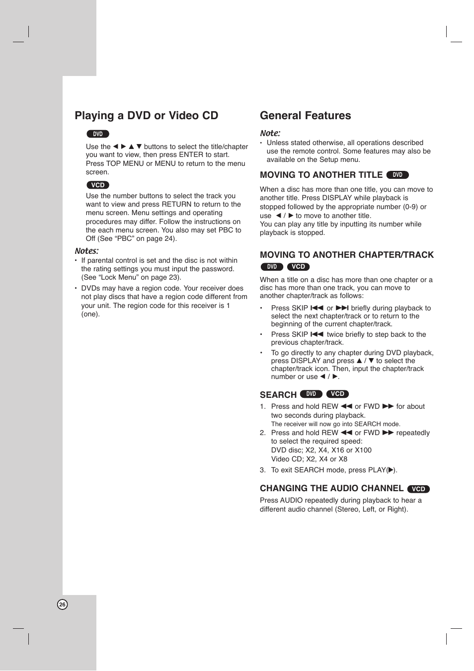 Playing a dvd or video cd, General features | Toshiba SD-C67HTSU User Manual | Page 26 / 46