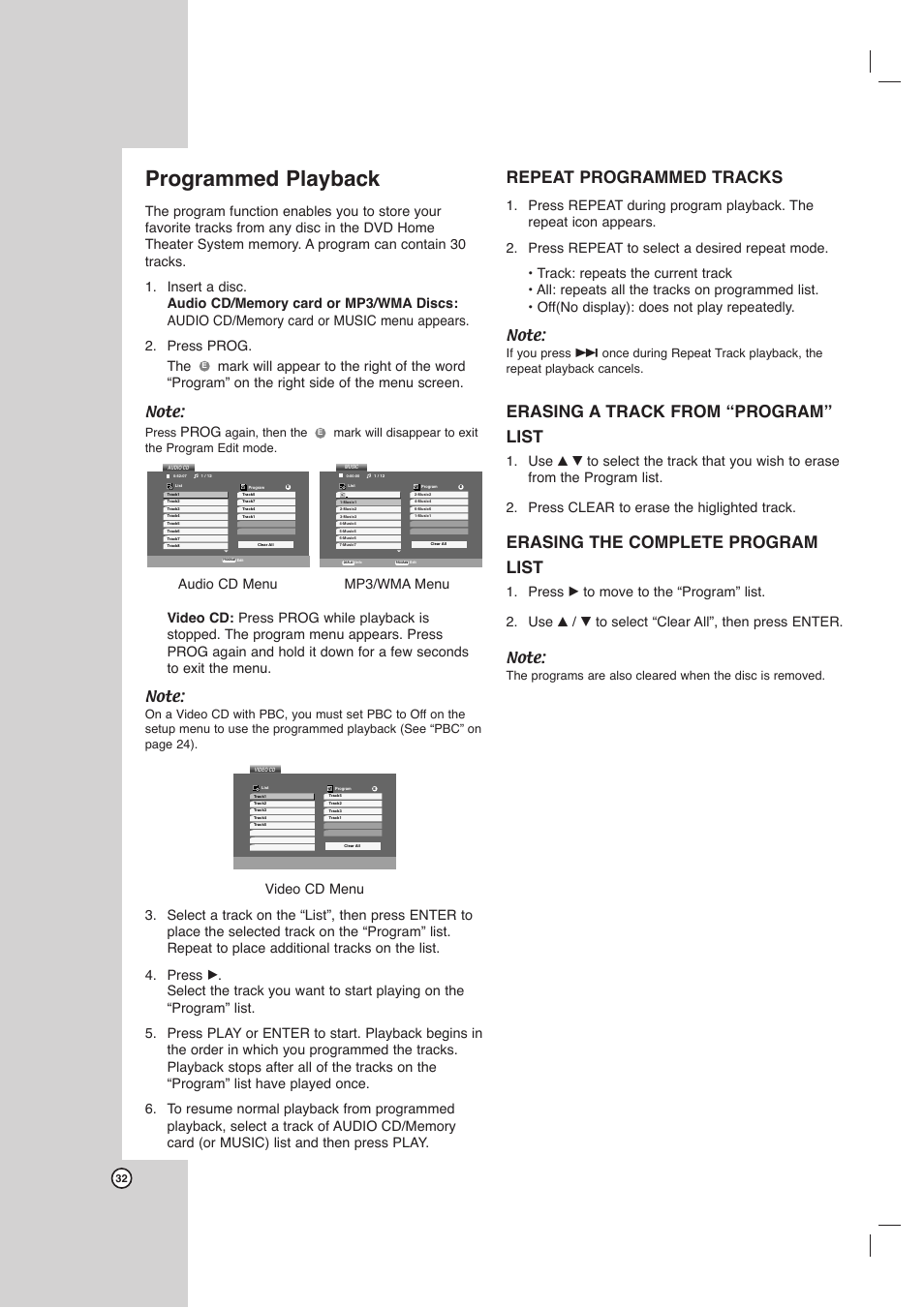 Programmed playback, Repeat programmed tracks, Erasing a track from “program” list | Erasing the complete program list, Prog, Press | Toshiba SD-C67HTSU User Manual | Page 32 / 46