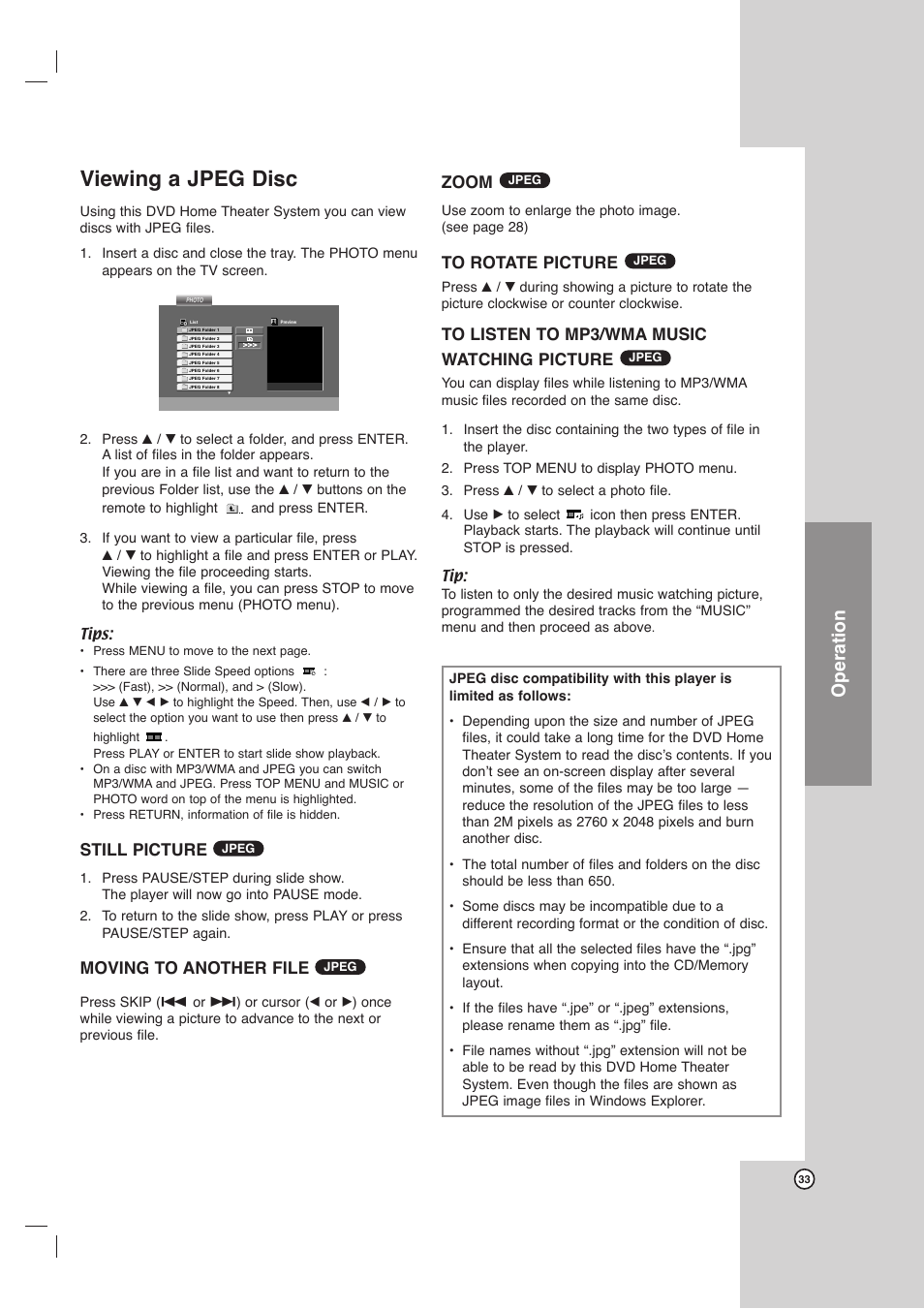 Viewing a jpeg disc, Operation, Still picture | Moving to another file, Zoom | Toshiba SD-C67HTSU User Manual | Page 33 / 46