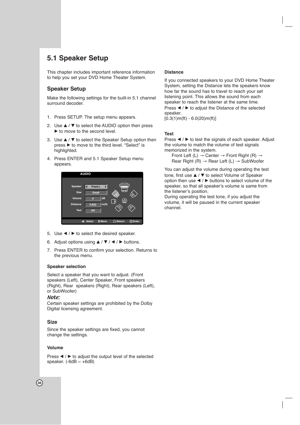 1 speaker setup, Speaker setup, Size | Toshiba SD-C67HTSU User Manual | Page 36 / 46