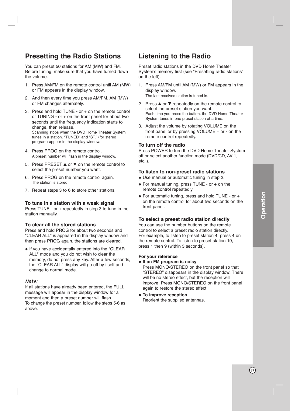 Presetting the radio stations, Listening to the radio, Title | Operation | Toshiba SD-C67HTSU User Manual | Page 37 / 46