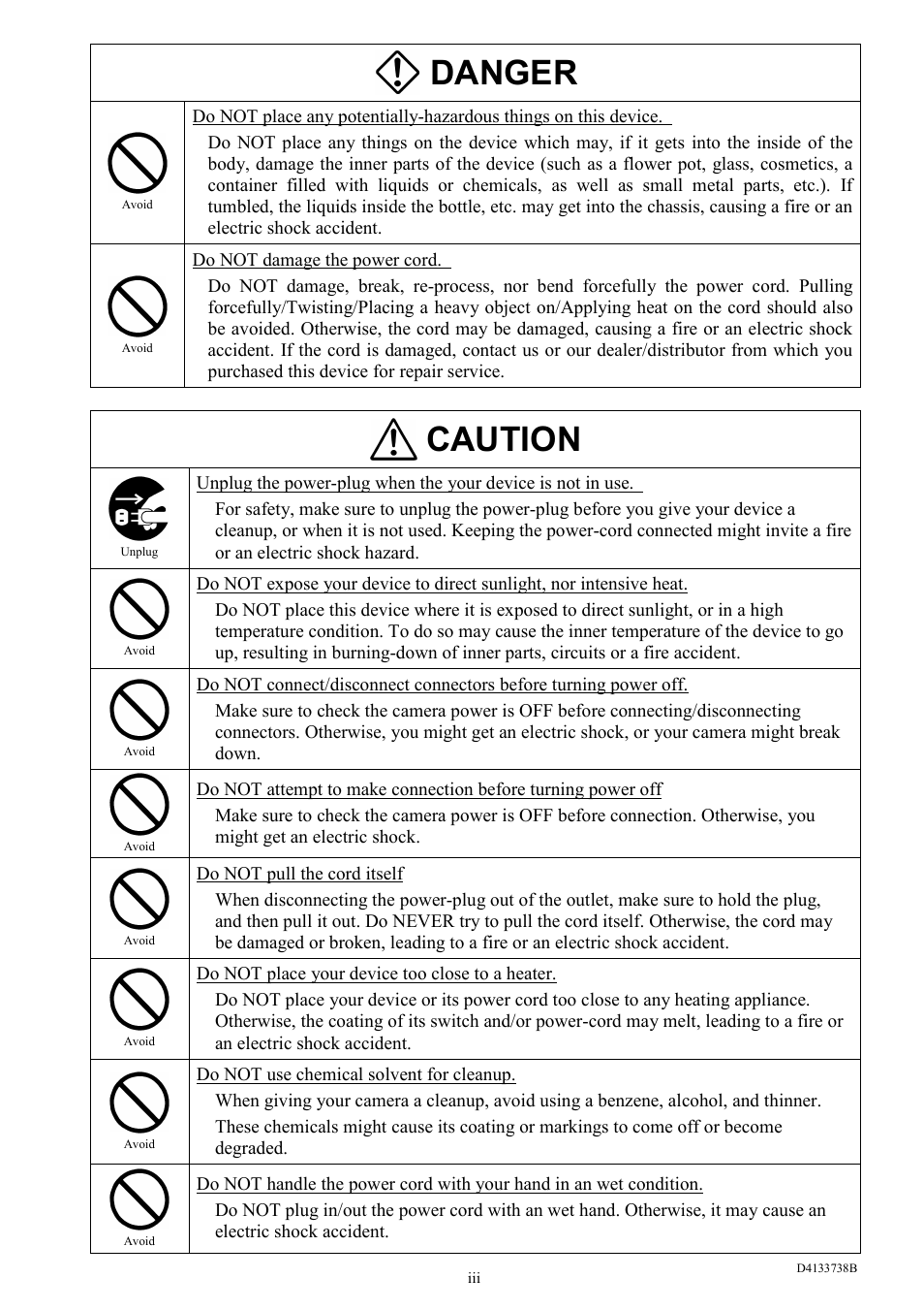 Caution, Danger | Toshiba CS3950D User Manual | Page 4 / 23