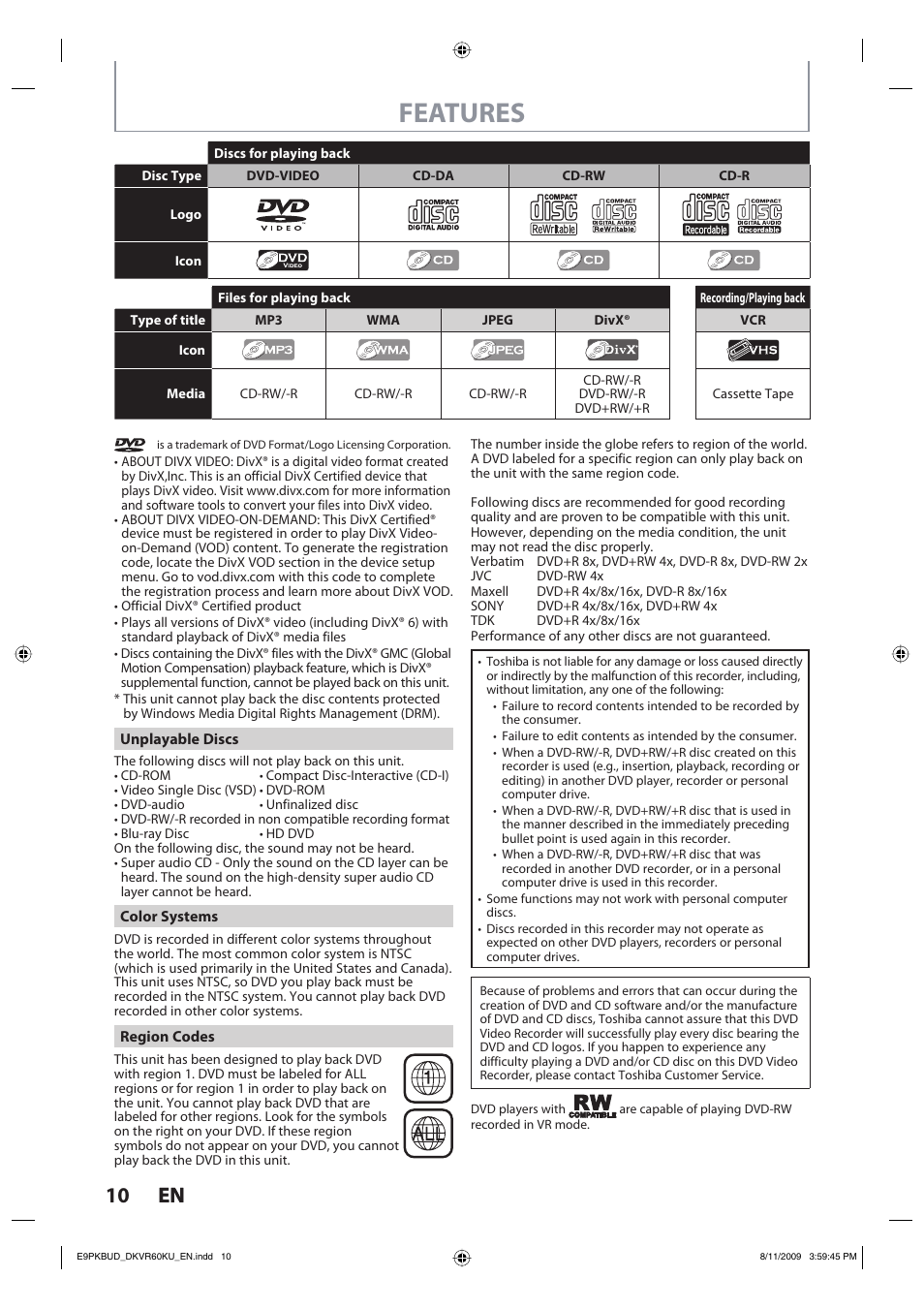 Features, 10 en 10 en | Toshiba DKVR60KU User Manual | Page 10 / 113
