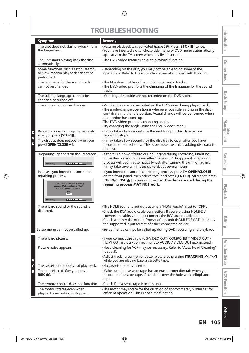 Troubleshooting | Toshiba DKVR60KU User Manual | Page 105 / 113