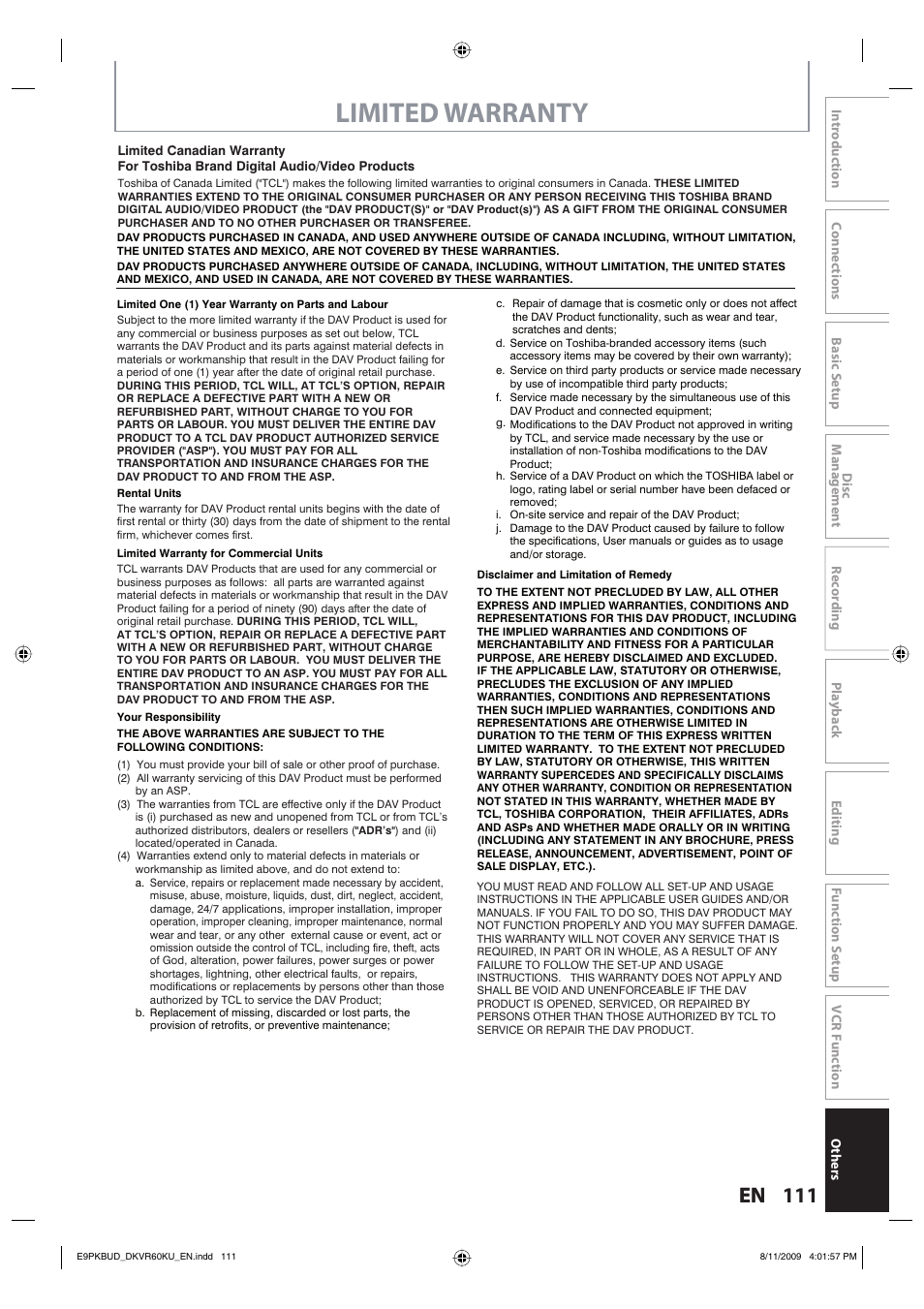 Limited warranty | Toshiba DKVR60KU User Manual | Page 111 / 113