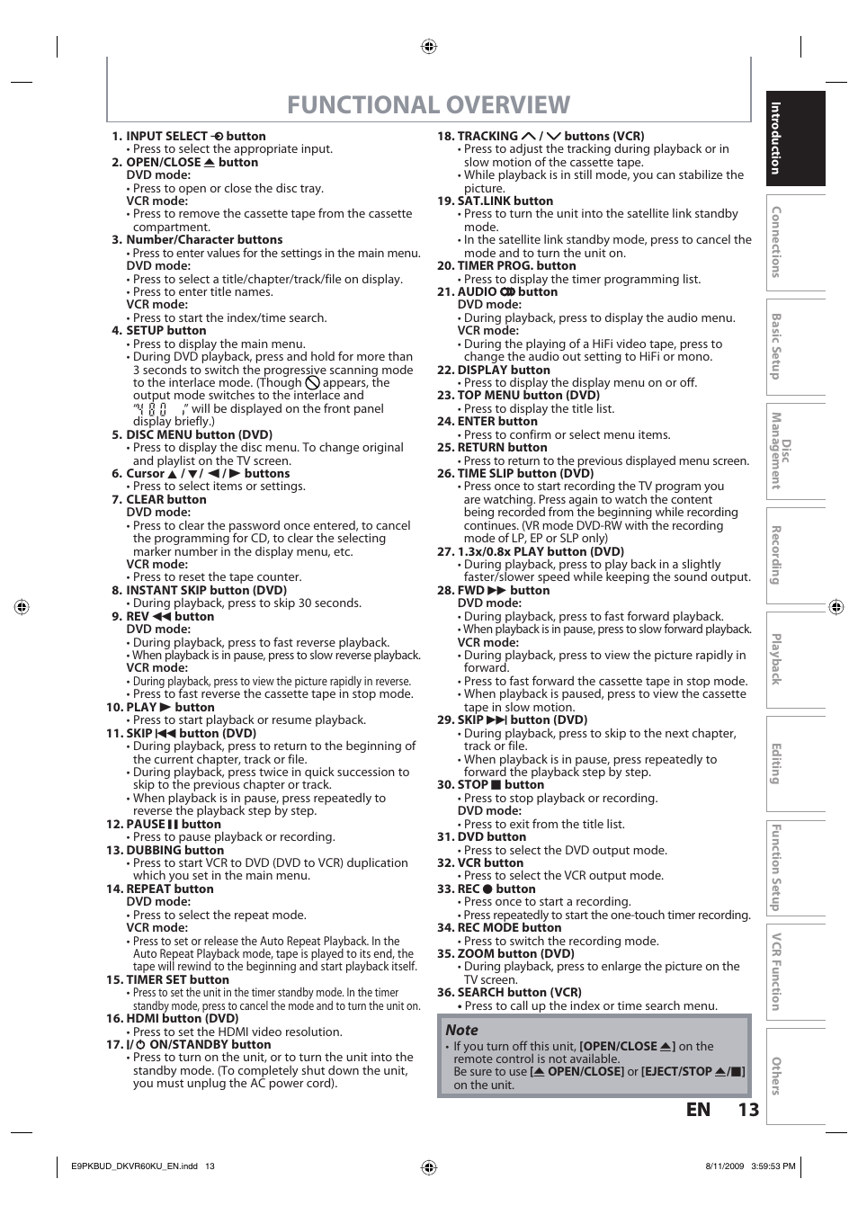 Functional overview, 13 en 13 en | Toshiba DKVR60KU User Manual | Page 13 / 113