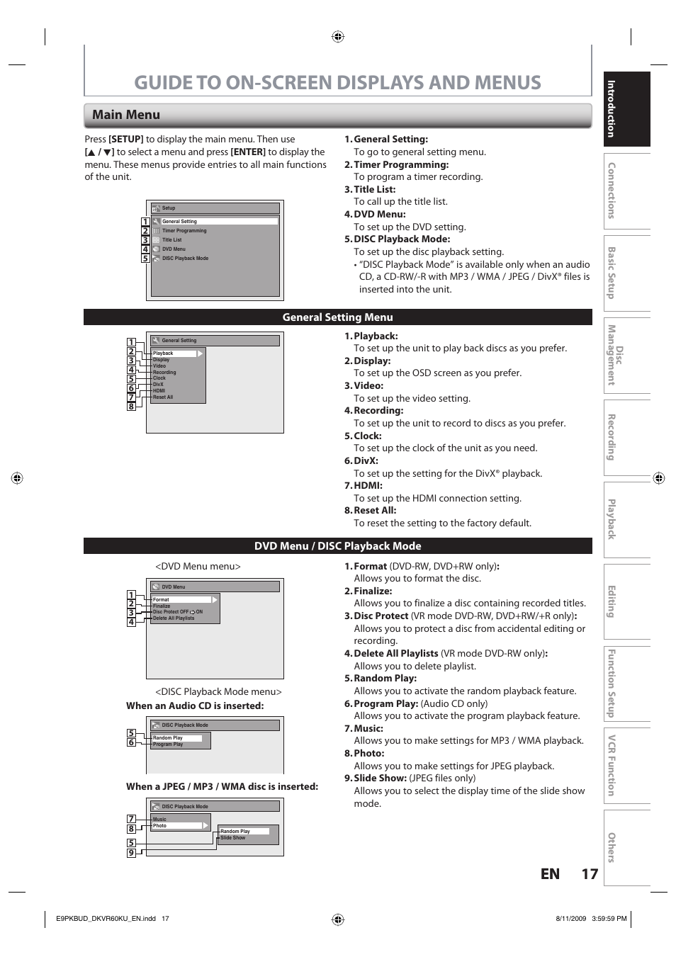 Guide to on-screen displays and menus, 17 en 17 en, Main menu | Toshiba DKVR60KU User Manual | Page 17 / 113