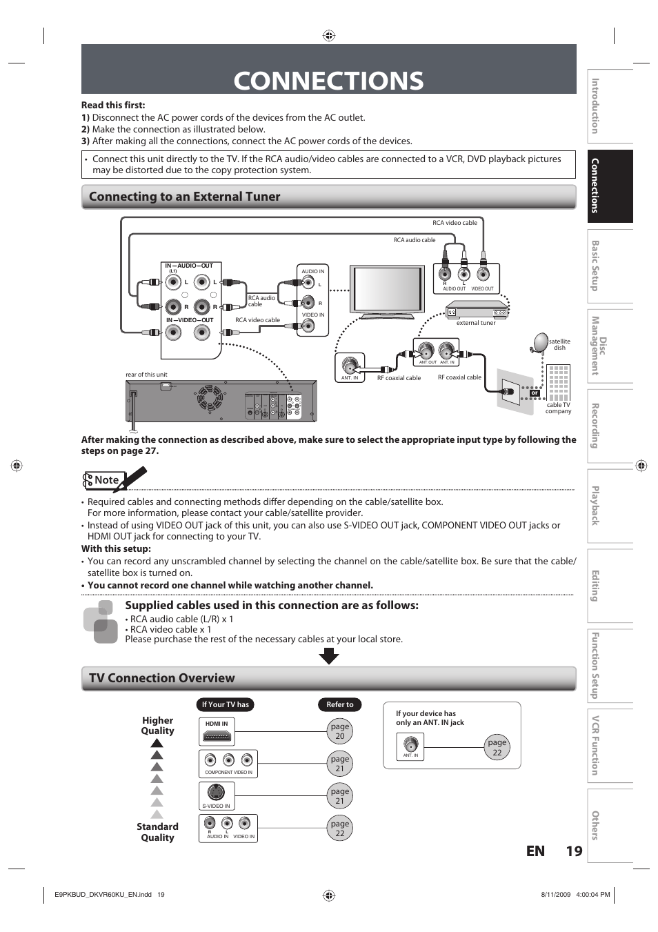 Connections, 19 en 19 en, Connecting to an external tuner | Tv connection overview, Standard quality higher quality | Toshiba DKVR60KU User Manual | Page 19 / 113