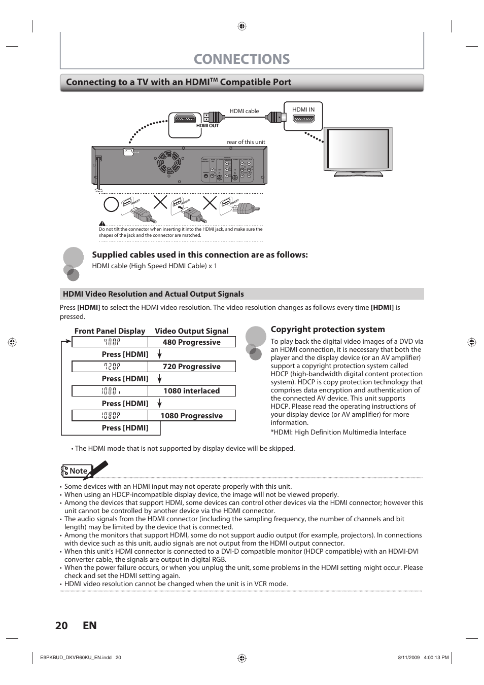 Connections, 20 en 20 en, Connecting to a tv with an hdmi | Compatible port, Copyright protection system, Hdmi video resolution and actual output signals, Hdmi cable (high speed hdmi cable) x 1 | Toshiba DKVR60KU User Manual | Page 20 / 113