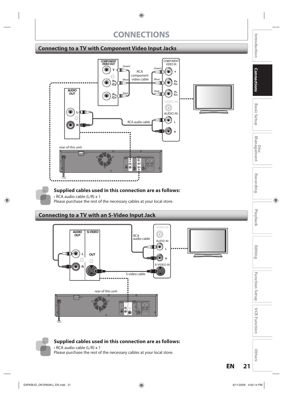 Connections, 21 en 21 en, Rear of this unit rca audio cable | Rca component video cable, Rear of this unit rca audio cable s-video cable | Toshiba DKVR60KU User Manual | Page 21 / 113
