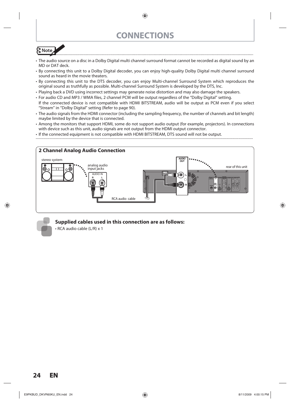 Connections, 24 en 24 en, 2 channel analog audio connection | Rca audio cable (l/r) x 1 | Toshiba DKVR60KU User Manual | Page 24 / 113