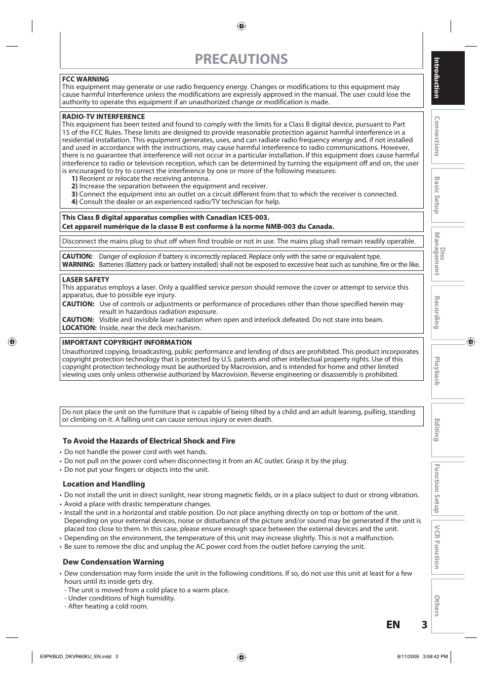 Precautions, 3en 3 en | Toshiba DKVR60KU User Manual | Page 3 / 113