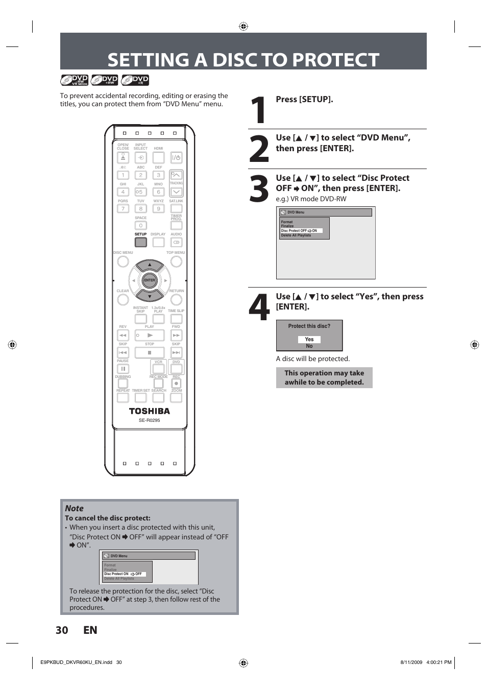 Setting a disc to protect, 30 en 30 en, Press [setup | Use [ k, Use [ k / l ] to select “yes”, then press [enter | Toshiba DKVR60KU User Manual | Page 30 / 113