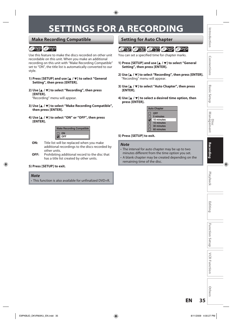 Settings for a recording, 35 en 35 en, Make recording compatible setting for auto chapter | Toshiba DKVR60KU User Manual | Page 35 / 113