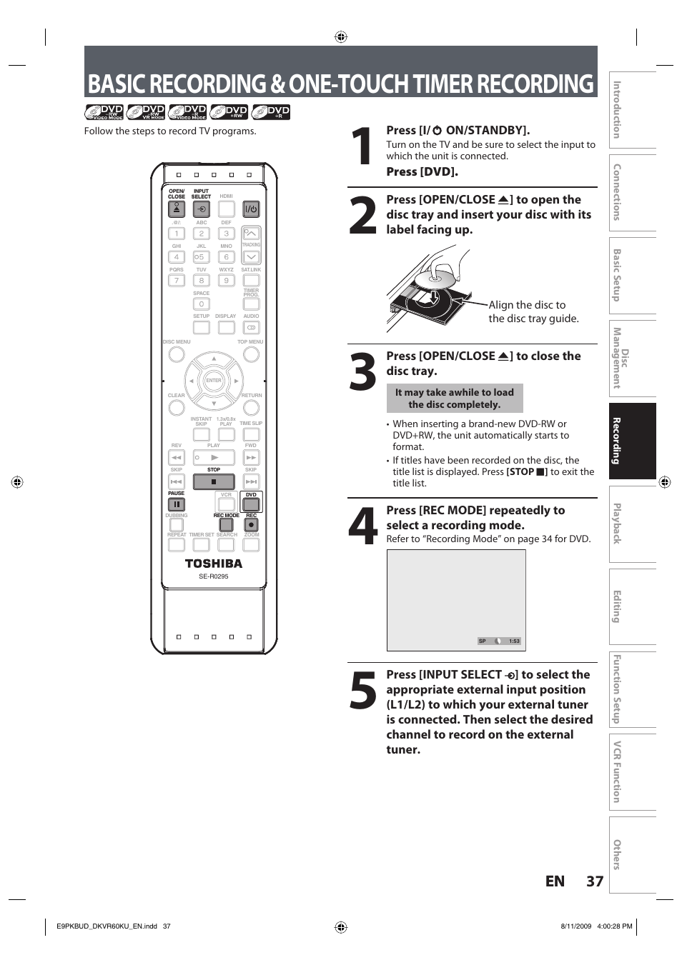 Basic recording & one-touch timer recording, 37 en 37 en | Toshiba DKVR60KU User Manual | Page 37 / 113