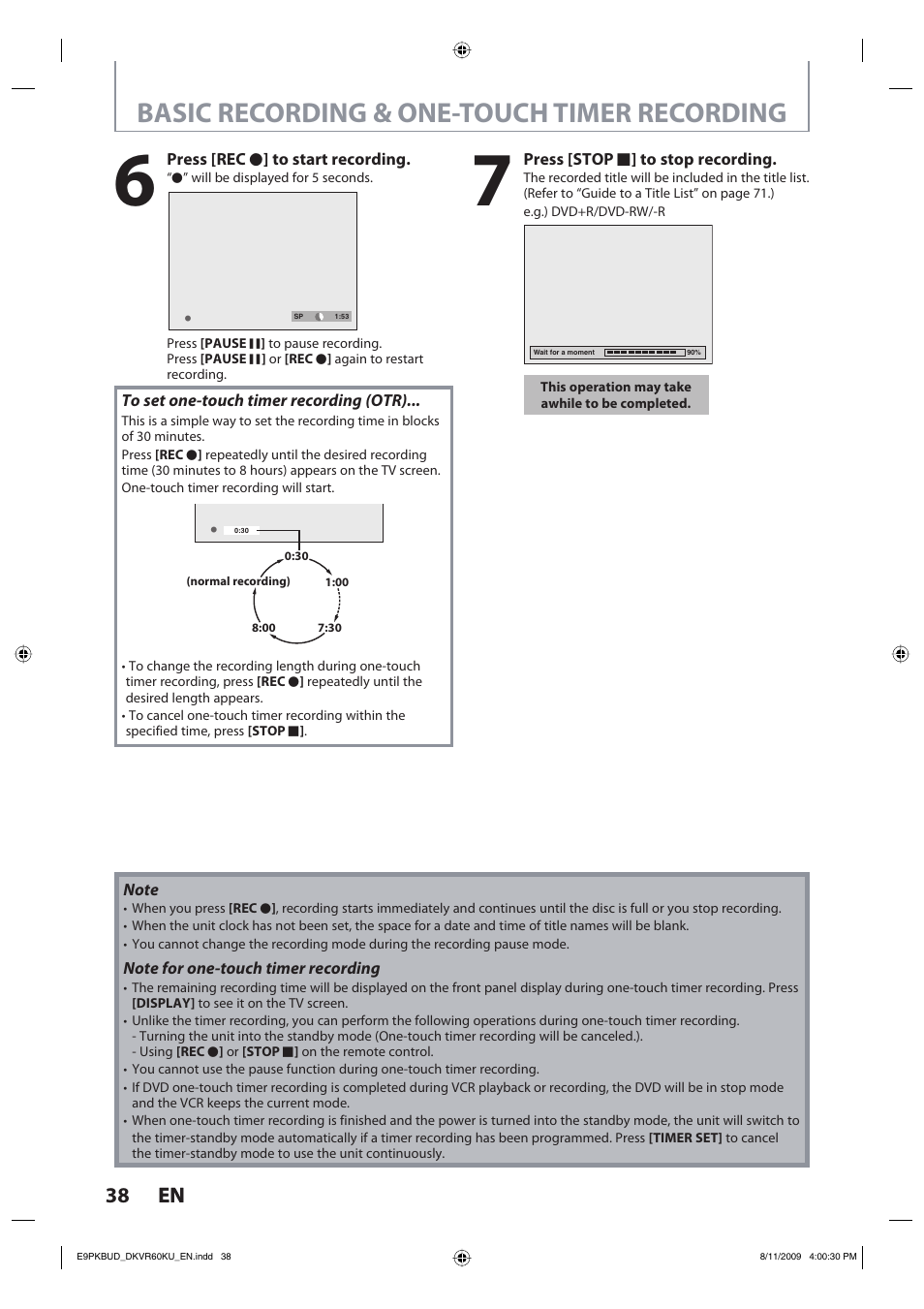 Basic recording & one-touch timer recording, 38 en 38 en | Toshiba DKVR60KU User Manual | Page 38 / 113