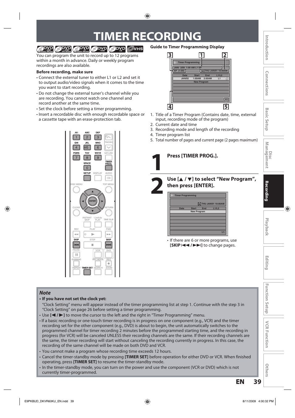 Timer recording, 39 en 39 en, Press [timer prog | Toshiba DKVR60KU User Manual | Page 39 / 113