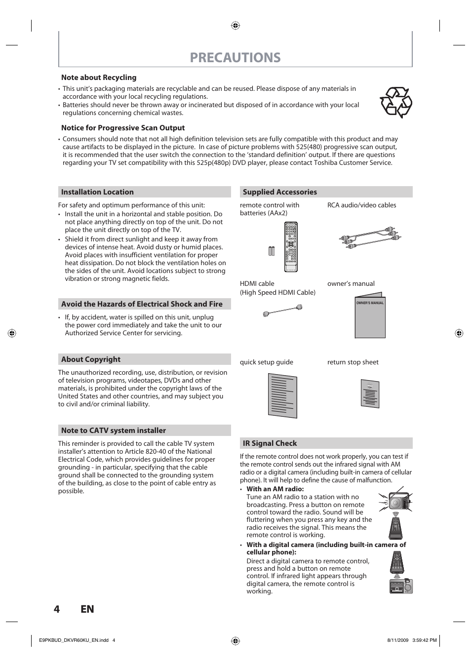 Precautions, 4en 4 en | Toshiba DKVR60KU User Manual | Page 4 / 113