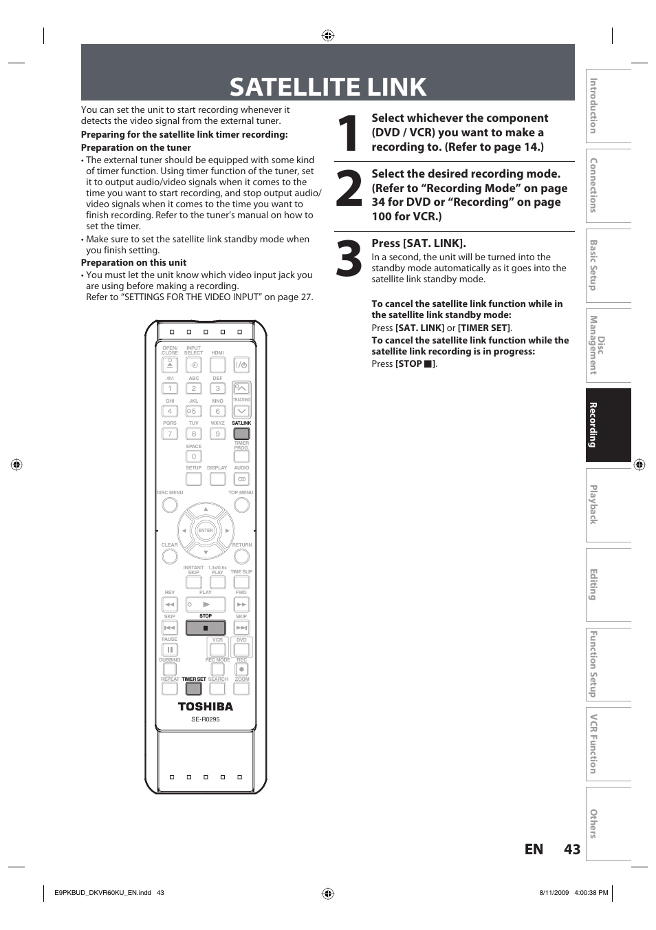 Satellite link, 43 en 43 en, Press [sat. link | Toshiba DKVR60KU User Manual | Page 43 / 113