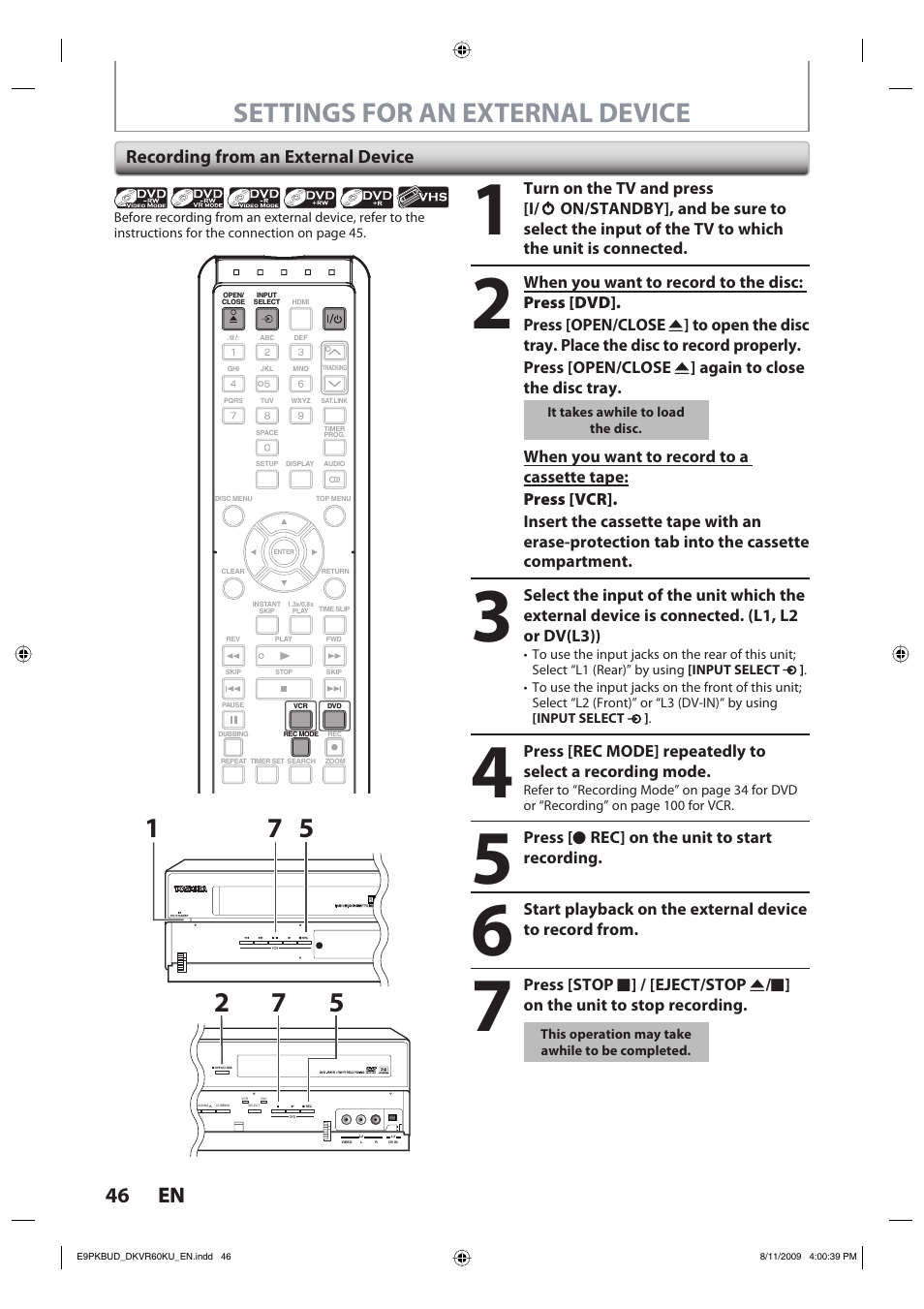 Settings for an external device, 46 en 46 en, Recording from an external device | Toshiba DKVR60KU User Manual | Page 46 / 113