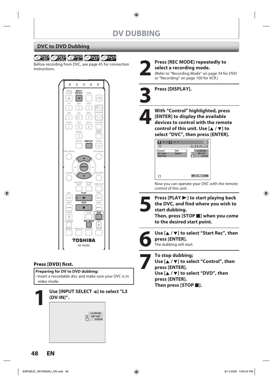 Dv dubbing, 48 en 48 en, Dvc to dvd dubbing | Toshiba DKVR60KU User Manual | Page 48 / 113