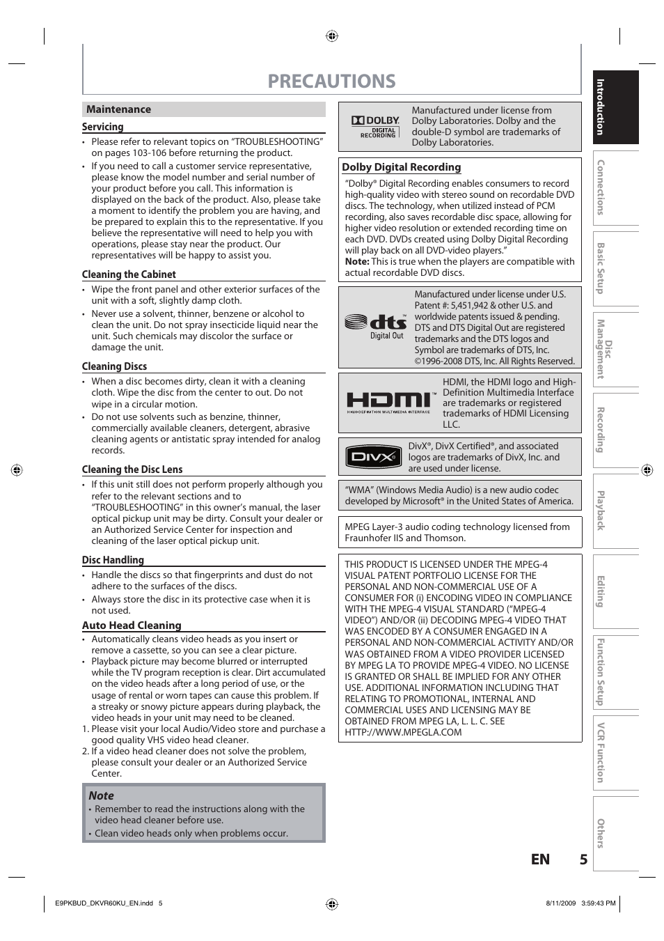 Precautions, 5en 5 en | Toshiba DKVR60KU User Manual | Page 5 / 113