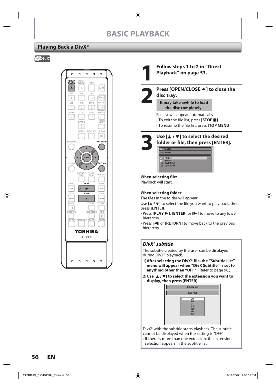 Basic playback, 56 en 56 en, Playing back a divx | Press [open/close a ] to close the disc tray, Divx® subtitle | Toshiba DKVR60KU User Manual | Page 56 / 113