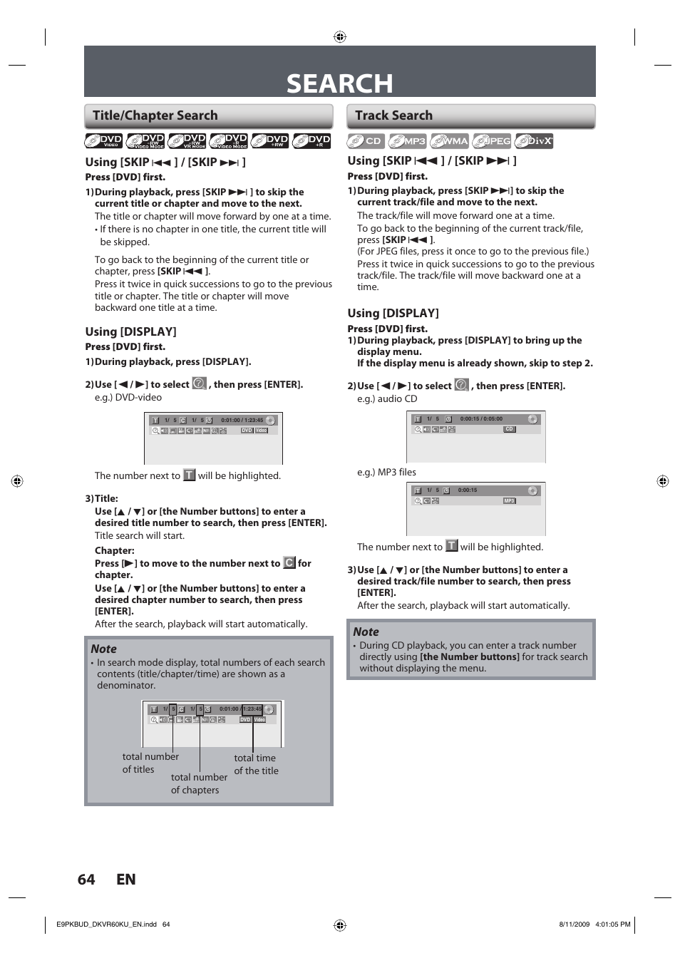 Search, 64 en 64 en, Title/chapter search | Track search | Toshiba DKVR60KU User Manual | Page 64 / 113