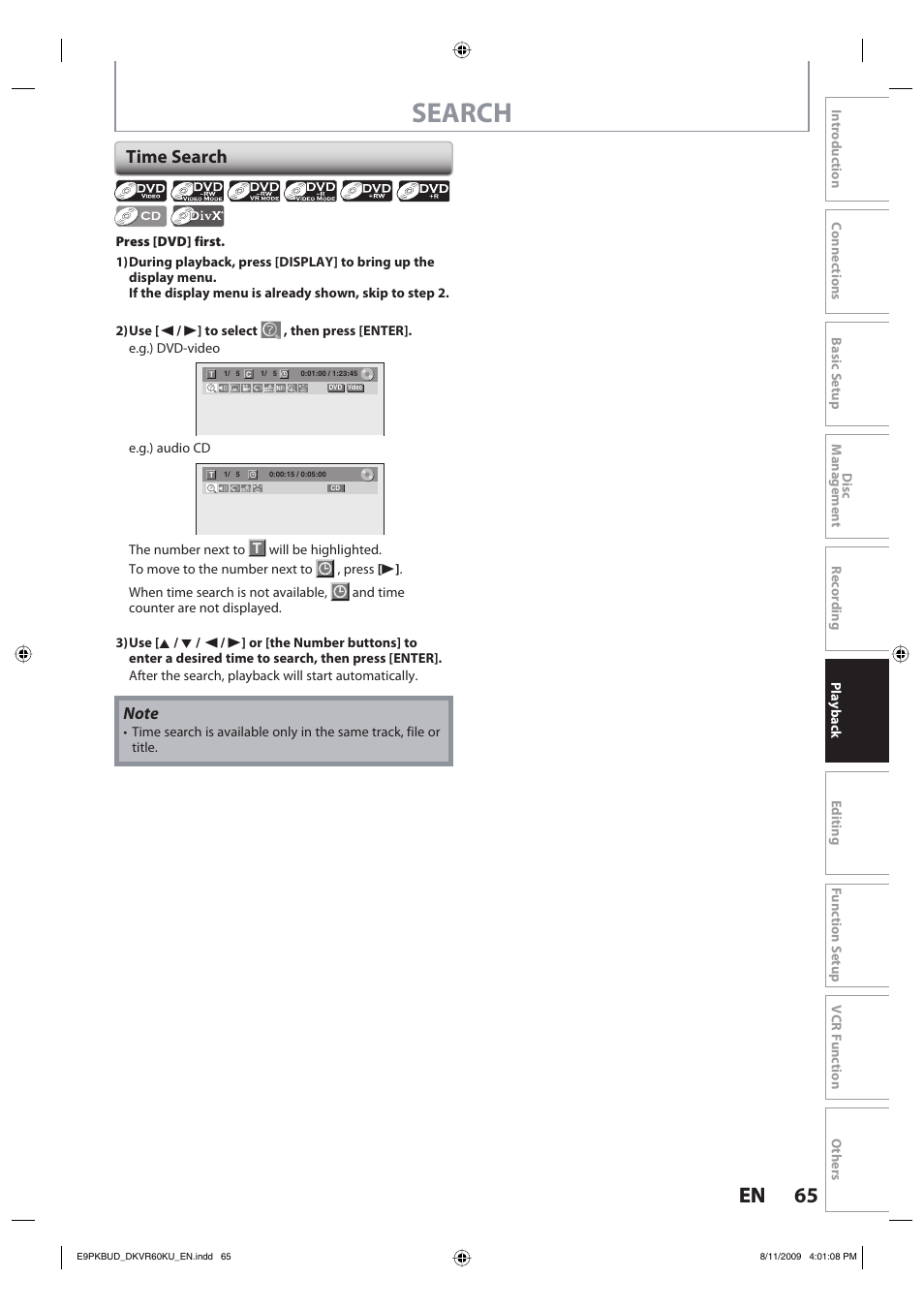 Search, 65 en 65 en, Time search | Toshiba DKVR60KU User Manual | Page 65 / 113