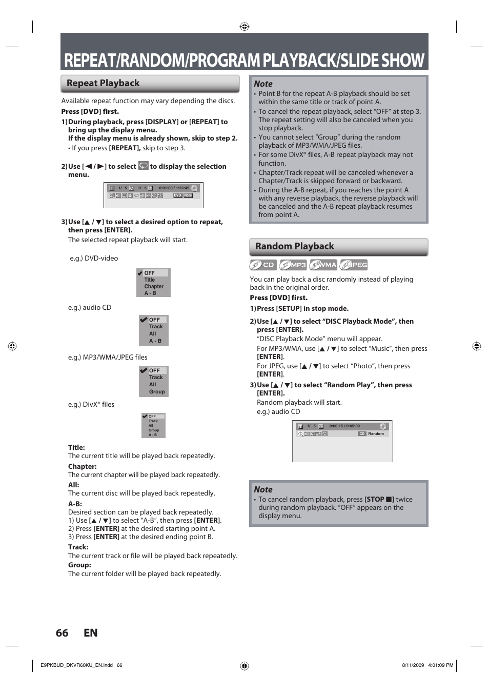 Repeat/random/program playback/slide show, 66 en 66 en, Repeat playback random playback | Toshiba DKVR60KU User Manual | Page 66 / 113