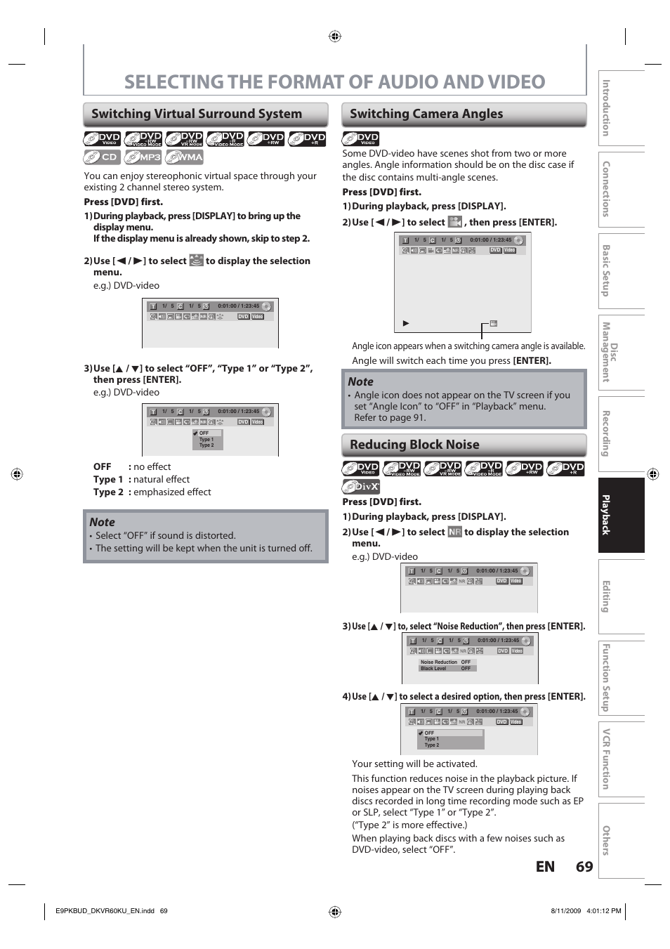 Selecting the format of audio and video, 69 en 69 en, Switching virtual surround system | Switching camera angles reducing block noise | Toshiba DKVR60KU User Manual | Page 69 / 113
