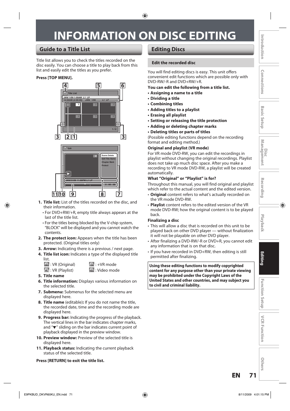 Information on disc editing, 71 en 71 en, Guide to a title list editing discs | Toshiba DKVR60KU User Manual | Page 71 / 113