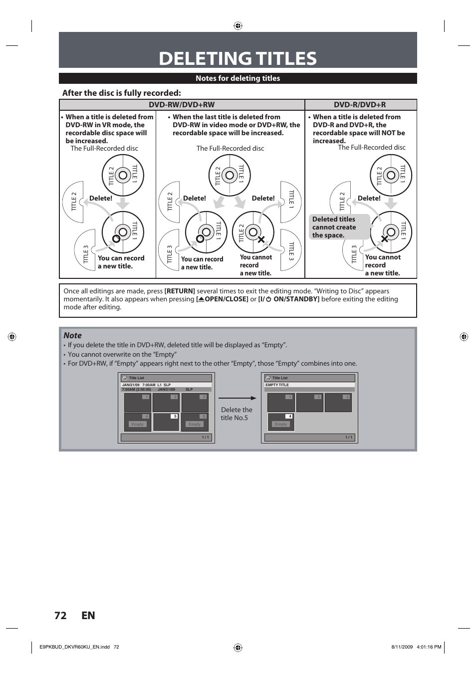 Deleting titles, 72 en 72 en, After the disc is fully recorded | Dvd-rw/dvd+rw dvd-r/dvd+r | Toshiba DKVR60KU User Manual | Page 72 / 113