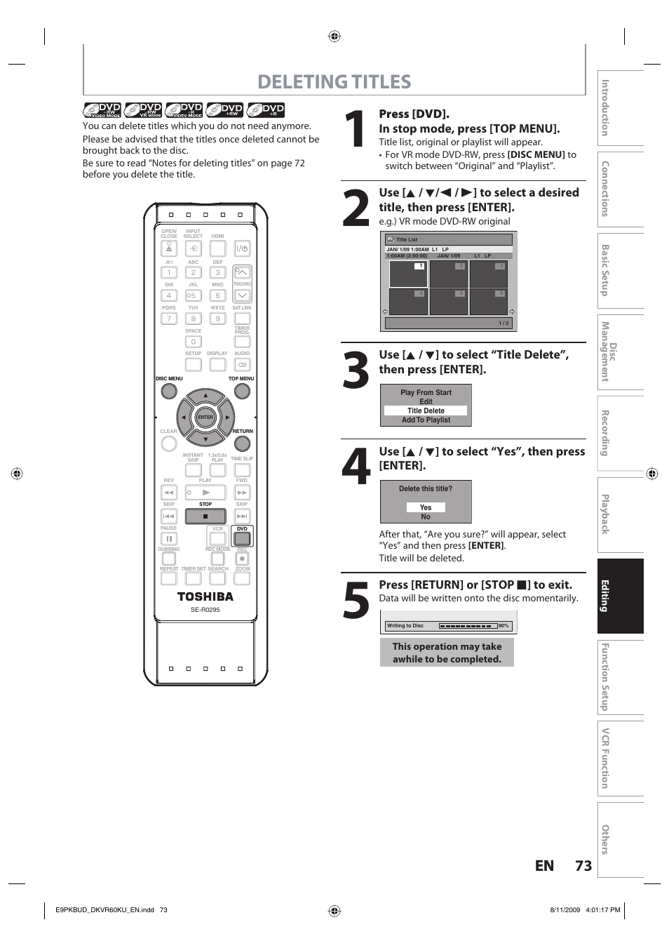 Deleting titles, 73 en 73 en, Press [dvd]. in stop mode, press [top menu | Use [ k / l ] to select “yes”, then press [enter, Press [return] or [stop c ] to exit | Toshiba DKVR60KU User Manual | Page 73 / 113