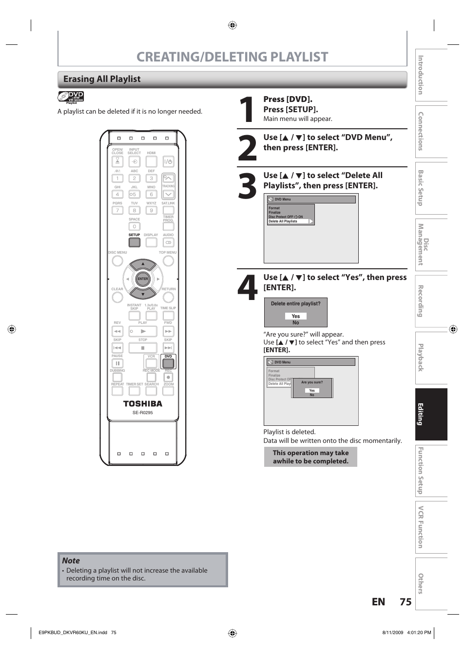 Creating/deleting playlist, 75 en 75 en, Erasing all playlist | Press [dvd]. press [setup, Use [ k / l ] to select “yes”, then press [enter | Toshiba DKVR60KU User Manual | Page 75 / 113