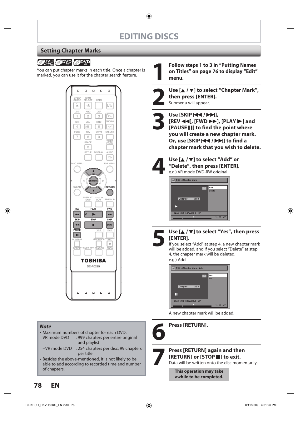 Editing discs, 78 en 78 en, Setting chapter marks | Toshiba DKVR60KU User Manual | Page 78 / 113