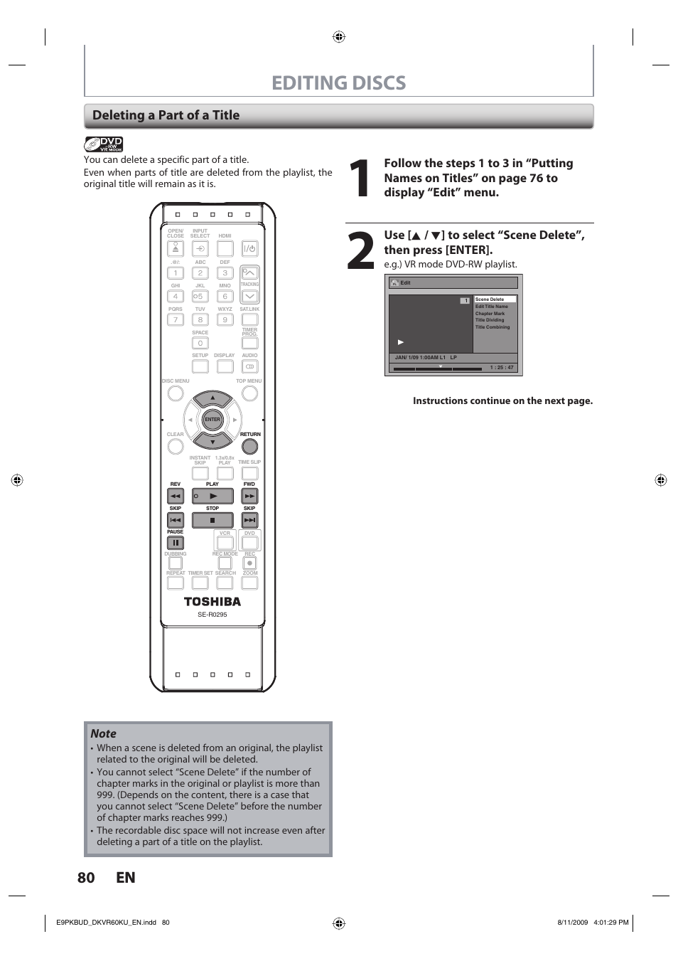 Editing discs, 80 en 80 en, Deleting a part of a title | Toshiba DKVR60KU User Manual | Page 80 / 113