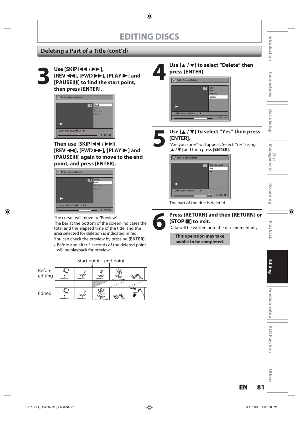 Editing discs, 81 en 81 en, Deleting a part of a title (cont’d) | Toshiba DKVR60KU User Manual | Page 81 / 113