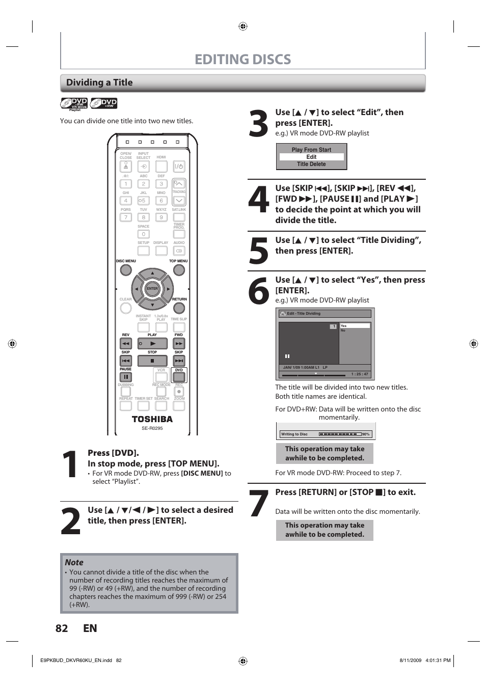Editing discs, 82 en 82 en, Dividing a title | Toshiba DKVR60KU User Manual | Page 82 / 113