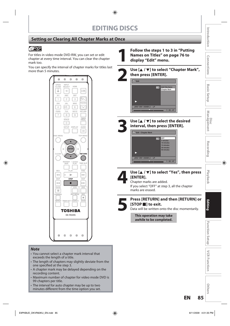 Editing discs, 85 en 85 en, Setting or clearing all chapter marks at once | Use [ k / l ] to select “yes”, then press [enter | Toshiba DKVR60KU User Manual | Page 85 / 113