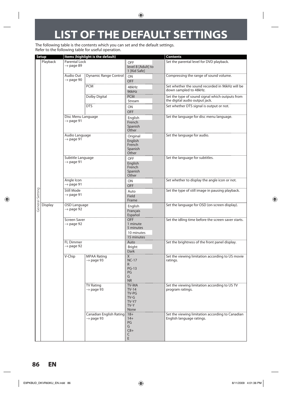 List of the default settings, 86 en 86 en | Toshiba DKVR60KU User Manual | Page 86 / 113