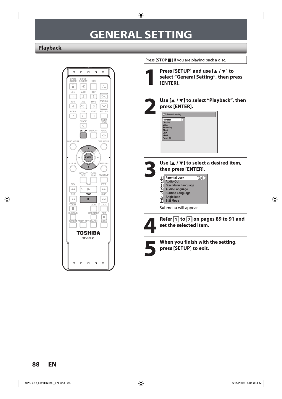 General setting, 88 en 88 en, Playback | Toshiba DKVR60KU User Manual | Page 88 / 113