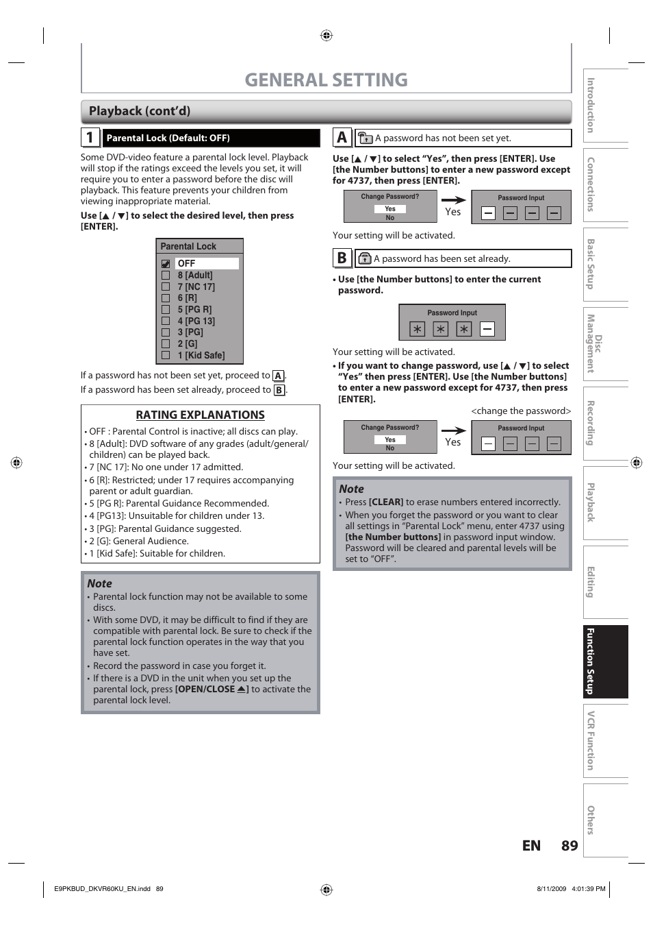 General setting, 89 en 89 en, Playback (cont’d) | Toshiba DKVR60KU User Manual | Page 89 / 113