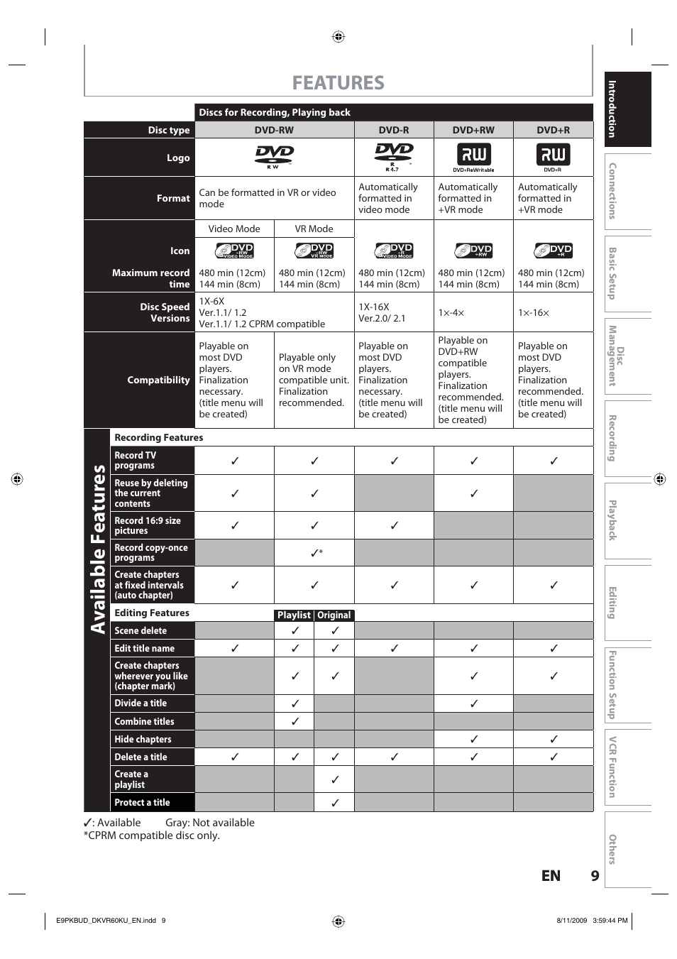 Features, Available features, 9en 9 en | Toshiba DKVR60KU User Manual | Page 9 / 113