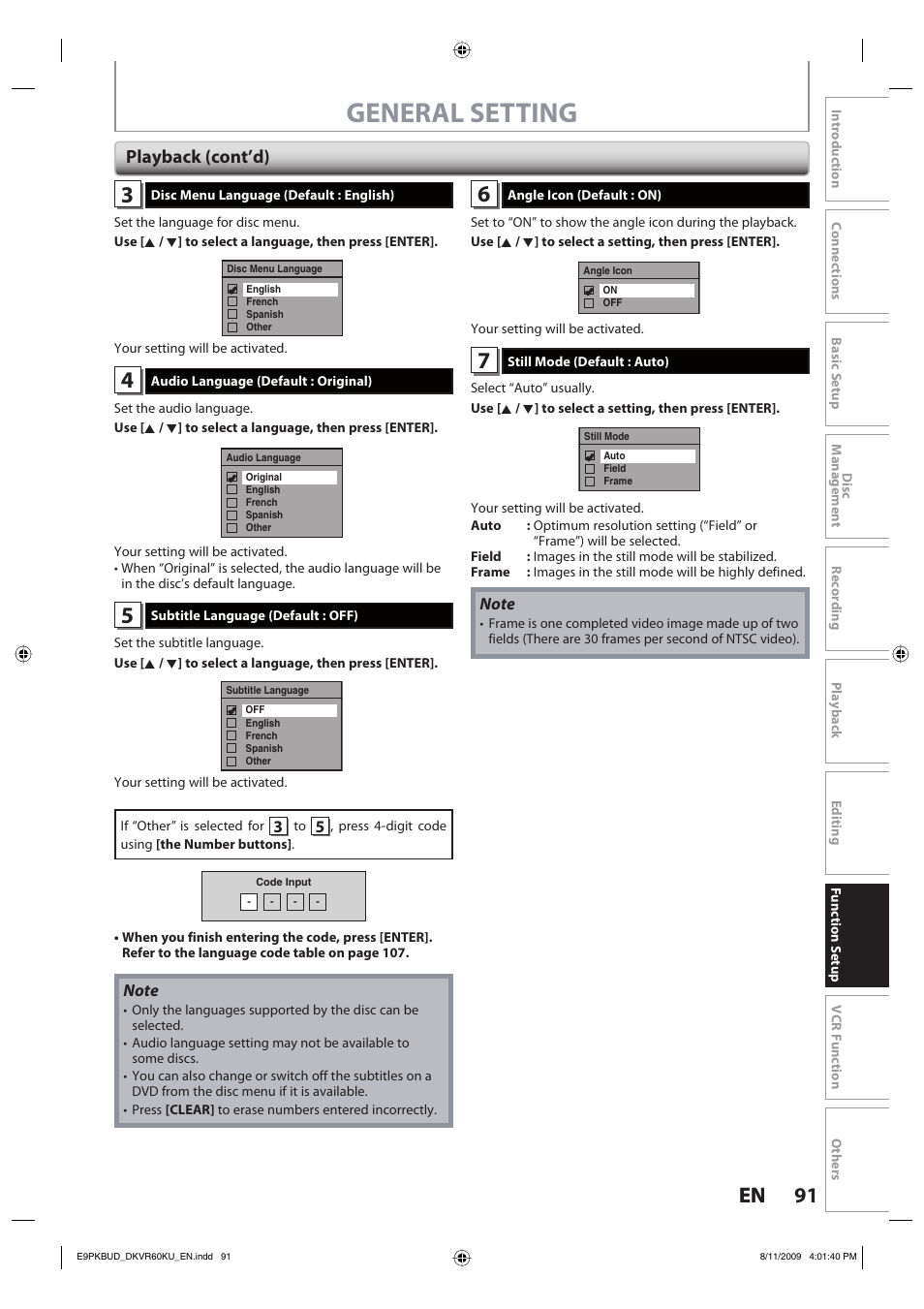 General setting, 91 en 91 en, Playback (cont’d) | Toshiba DKVR60KU User Manual | Page 91 / 113